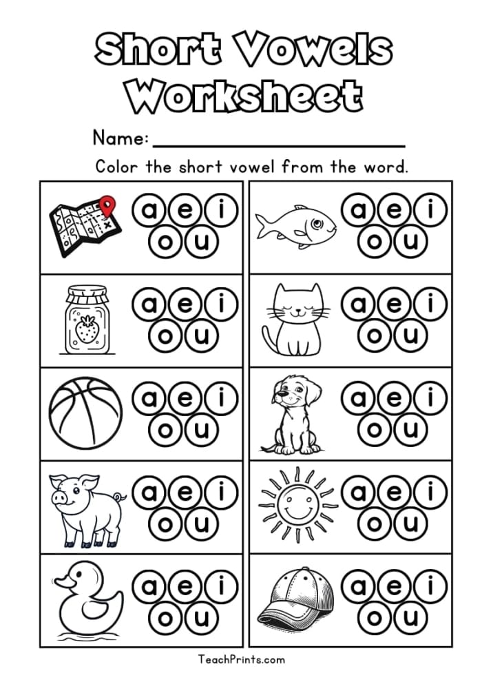 Kindergarten phonics worksheet featuring nine three-letter words with missing vowels to spell out