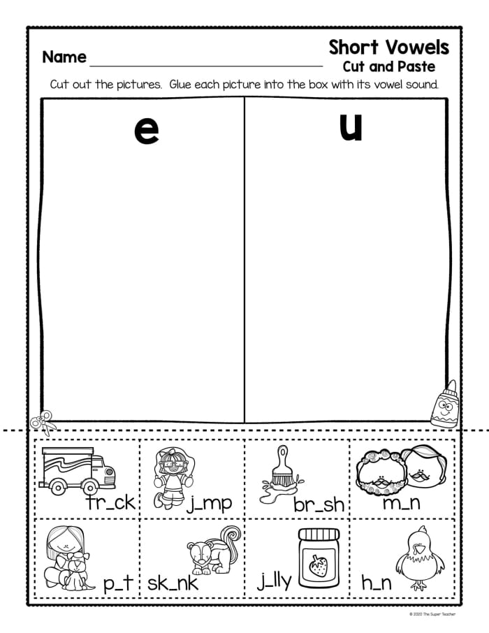 Worksheet for spelling short vowel words with A, E, I, O, or U in Kindergarten phonics