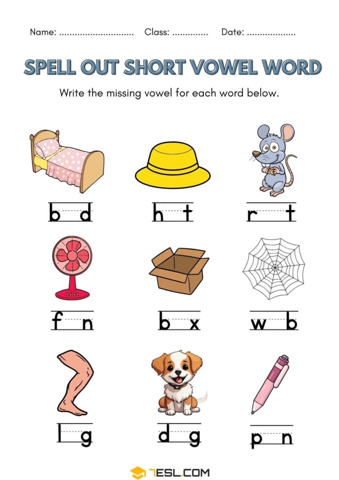 Kindergarten phonics worksheet featuring nine three-letter words with missing vowels to practice spelling