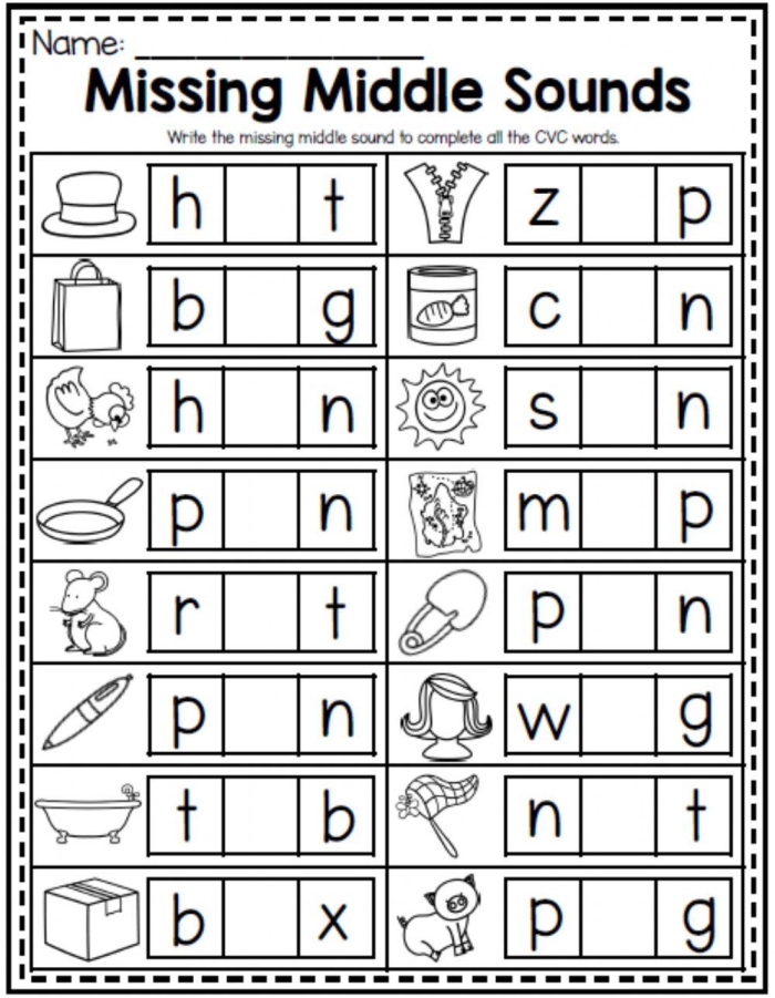 Kindergarten student completing a missing short vowel exercise on a geometry themed worksheet