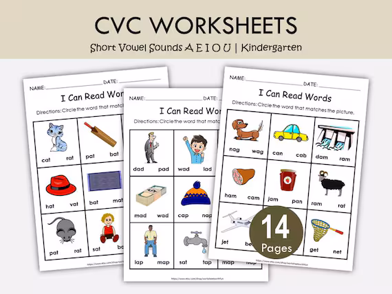 Kindergarten students identifying and circling short vowel sounds on a worksheet