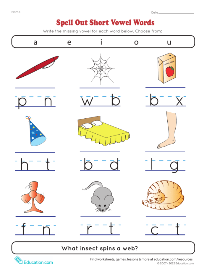 Kindergarten worksheet for practicing short vowel sounds by filling in missing letters for three-letter words