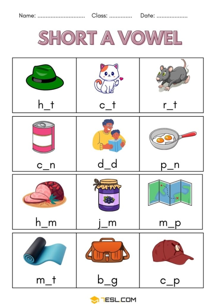 Kindergarten student completing a missing short vowel exercise on a geometry themed worksheet