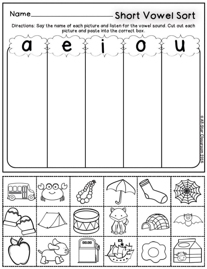 Worksheet for completing short vowel words for kindergarten students