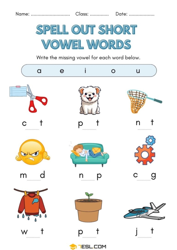 Short vowel worksheet for kindergarten helping children practice vowel insertion