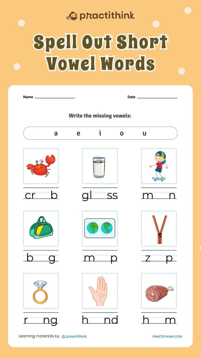Kindergarten worksheet asking students to fill in missing short vowels for nine three-letter words