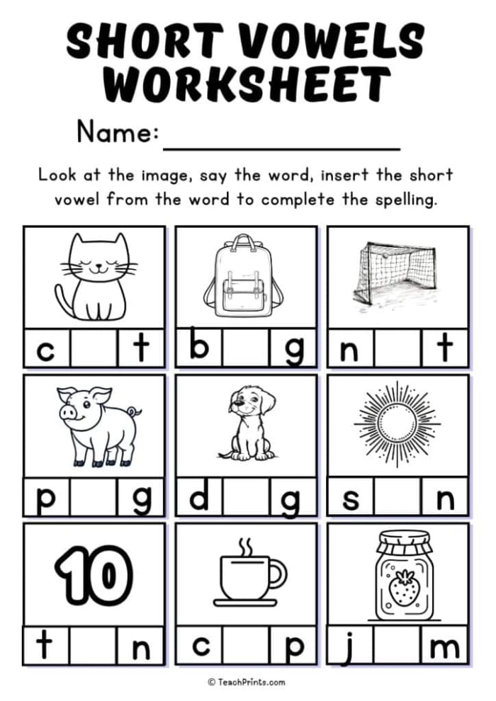 Kindergarten phonics worksheet featuring nine three-letter words with missing vowels for students to complete