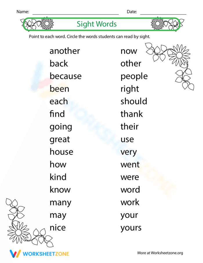 Kindergarten student completing a sight word recognition assessment worksheet