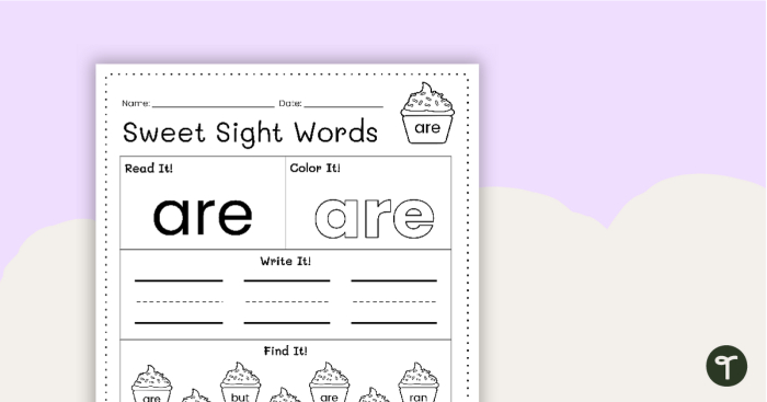 Kindergarten student completing an end of year sight word recognition assessment worksheet