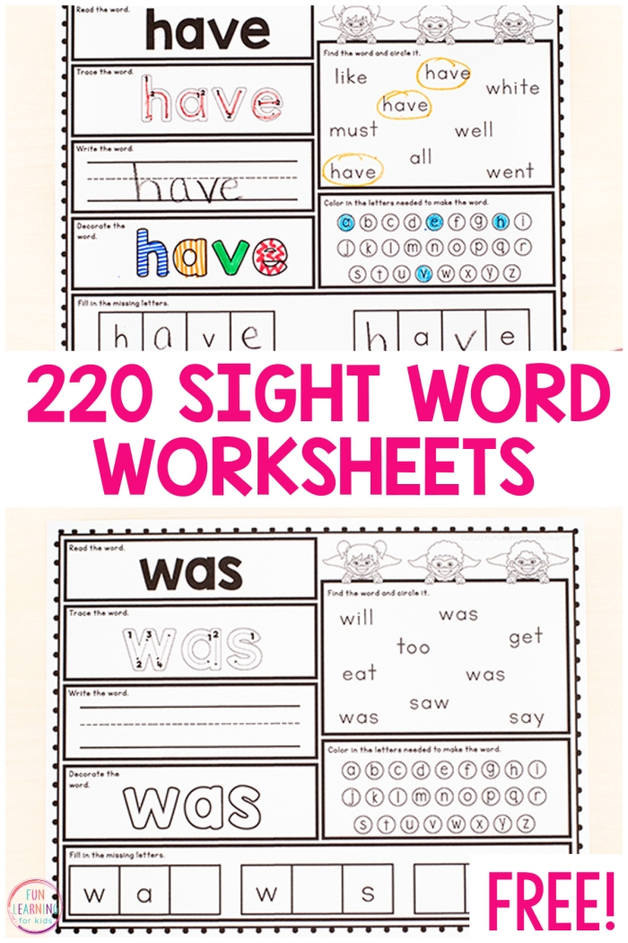 Kindergarten printable worksheet for practicing the sight word at