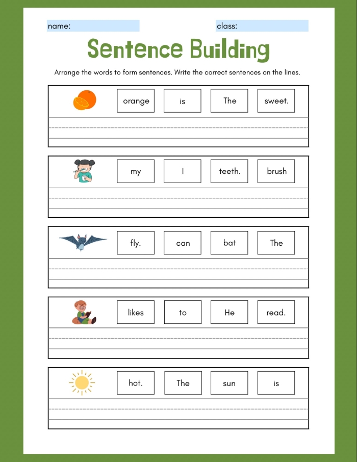 Vocabulary cards for the Constructing Words worksheet designed for kindergarten sight words