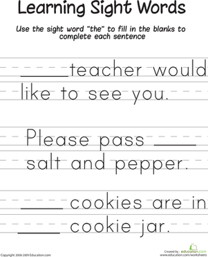 Kindergarten worksheet featuring sentences with missing sight words for students to complete