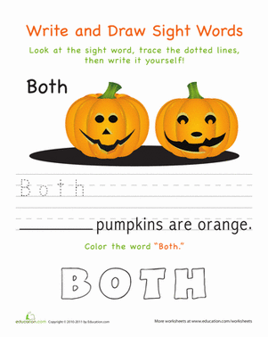 A worksheet for kindergarteners to practice writing and drawing the sight word "both