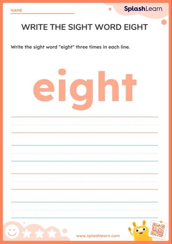 Kindergarten worksheet for practicing reading and writing the sight word eight