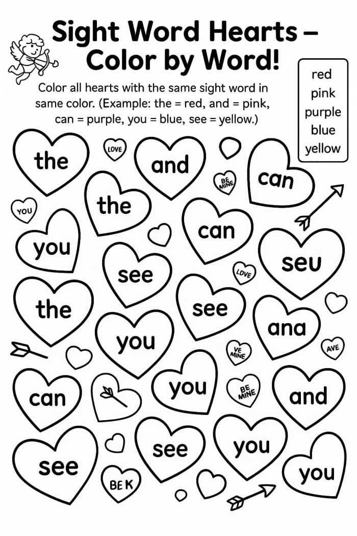 Hearts Color by Sight Word Worksheet for Kindergarten Reading Practice Kindergarten student coloring a hearts themed sight word worksheet activity