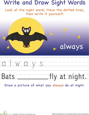 Kindergarten student tracing and writing the word fly on a fun educational worksheet