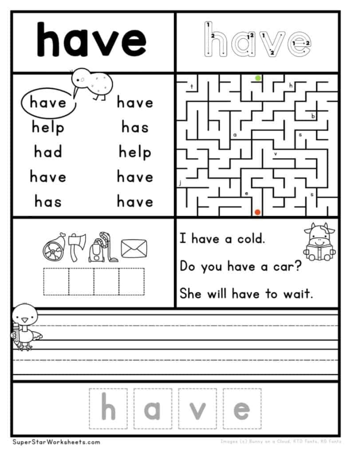 Write the Sight Words Have Educational Worksheet 16 Kindergarten worksheet for tracing and writing the sight word have