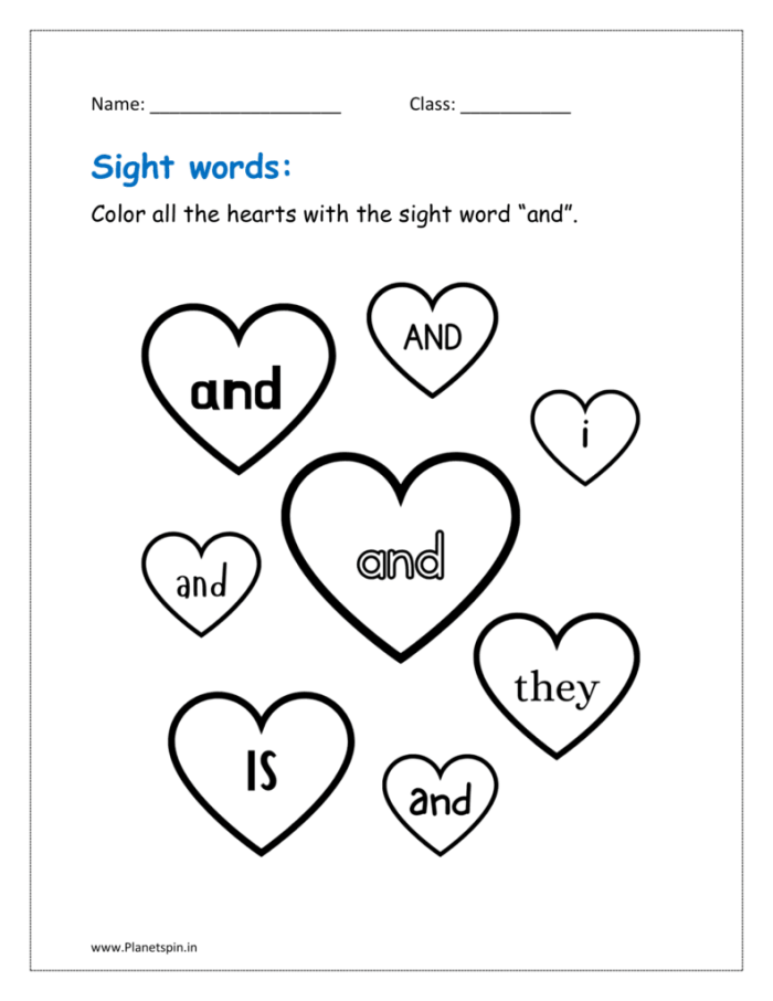 Hearts Color by Sight Word Recognition Practice Page for Early Readers Kindergarten student coloring hearts by matching sight words on a color by word worksheet activity