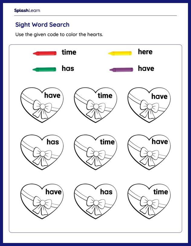 Hearts Color by Sight Word Activity 18 for Beginning Readers Kindergarten student coloring hearts with sight words like the, and, to, in, and is labeled by color