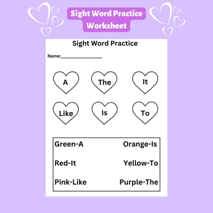 Hearts Color by Sight Word Worksheet for Kindergarten Reading Activity 10 Kindergarten Hearts Color by Sight Word reading worksheet featuring heart-themed word recognition practice