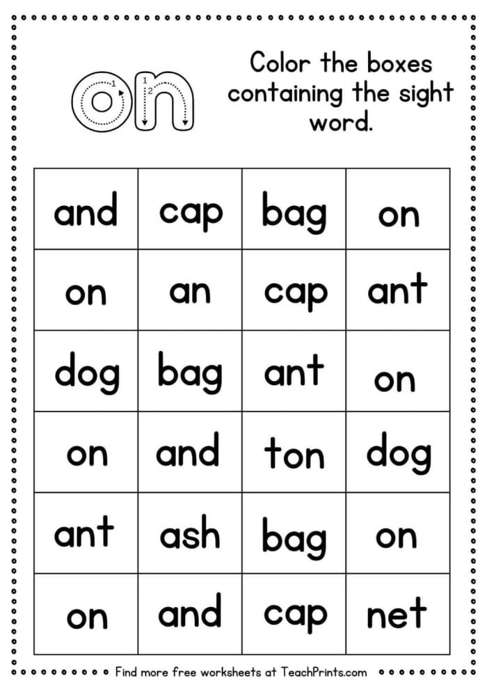 Kindergarten student completing a quick sight word recognition assessment worksheet
