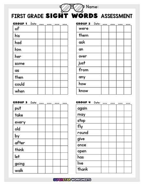 Kindergarten student completing a printed page filled with 75 common sight words for an end of year assessment