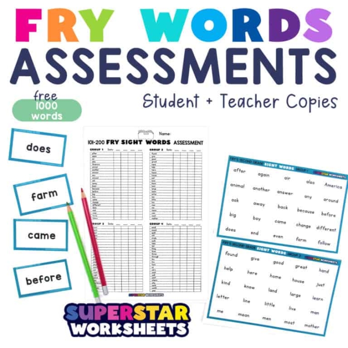 Worksheet for assessing kindergarten students on 50 common sight words