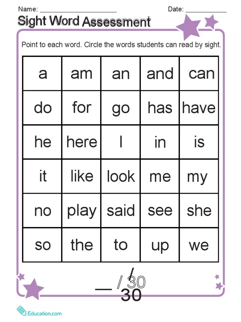 Sight Word Assessment worksheet for kindergarten students evaluating sight word recognition