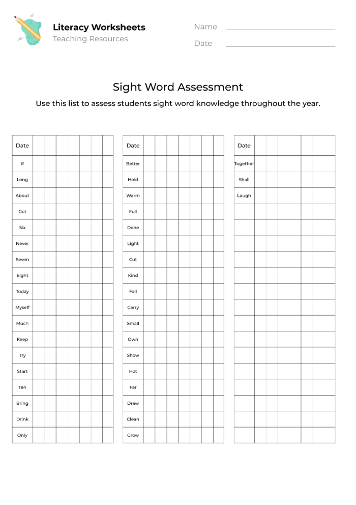 Kindergarten sight word assessment worksheet number twelve for tracking student reading progress