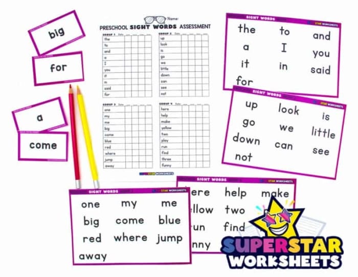 Sight Word Assessment worksheet for kindergarten students to evaluate sight word recognition