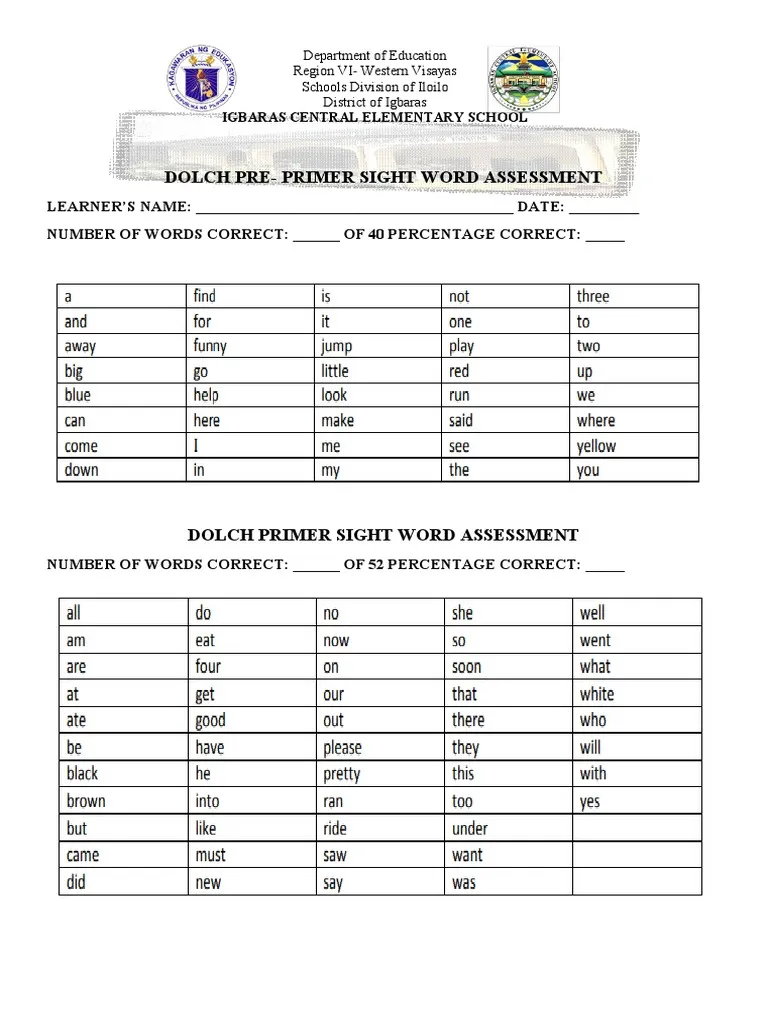 Worksheet for evaluating kindergarten sight word recognition with 50 common terms