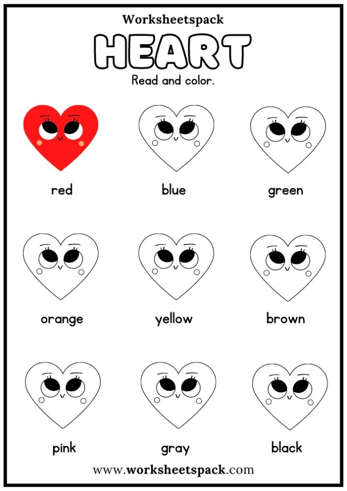 Hearts Color by Sight Word Activity 15 for Beginning Readers Kindergarten student coloring hearts with different colors based on matching sight words printed on each heart shape