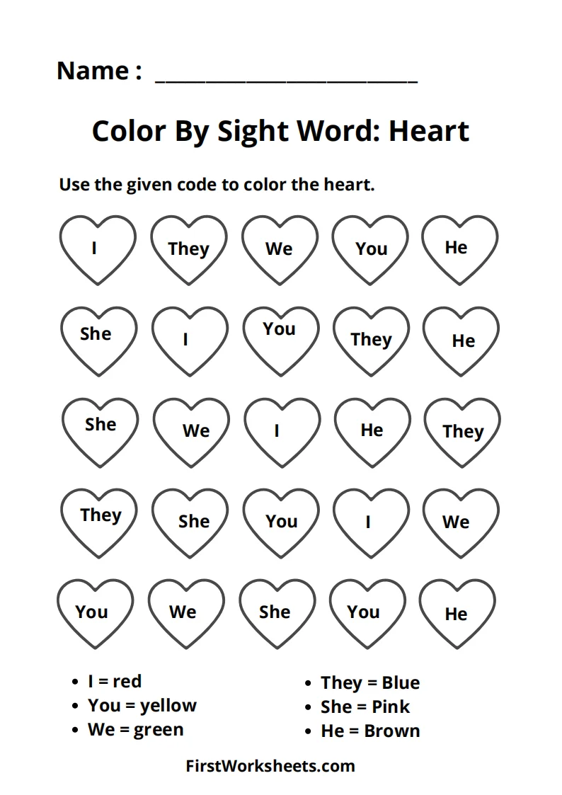 Hearts Color by Sight Word worksheet 20 for teaching early reading skills Kindergarten sight words color by hearts worksheet with word recognition activity for beginning readers