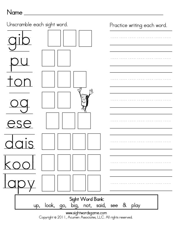 Sight Word Scramble worksheet for kindergarten students to practice sight words. Engaging activity for mastering sight words in a fun way.