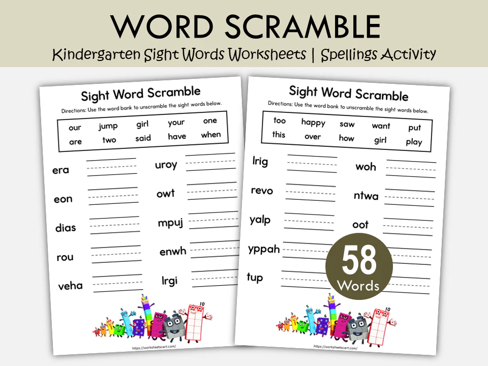 Sight Word Scramble worksheet for kindergarten students to practice reading skills