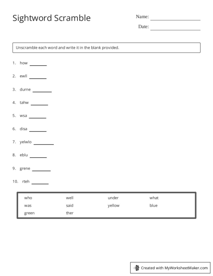 Sight Word Scramble worksheet for kindergarten students to practice their sight words. Engaging activity for young learners to enhance reading skills.