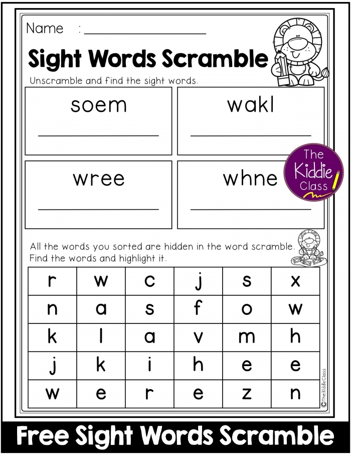 Sight Word Scramble worksheet for kindergarten students to enhance their reading skills