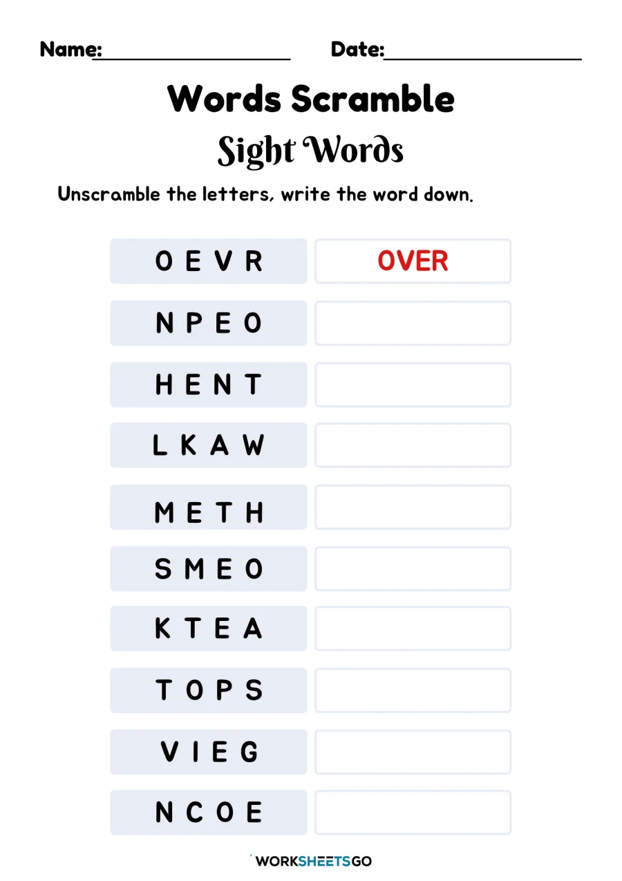 Sight Word Scramble worksheet for kindergarten students practicing their sight words in a fun way