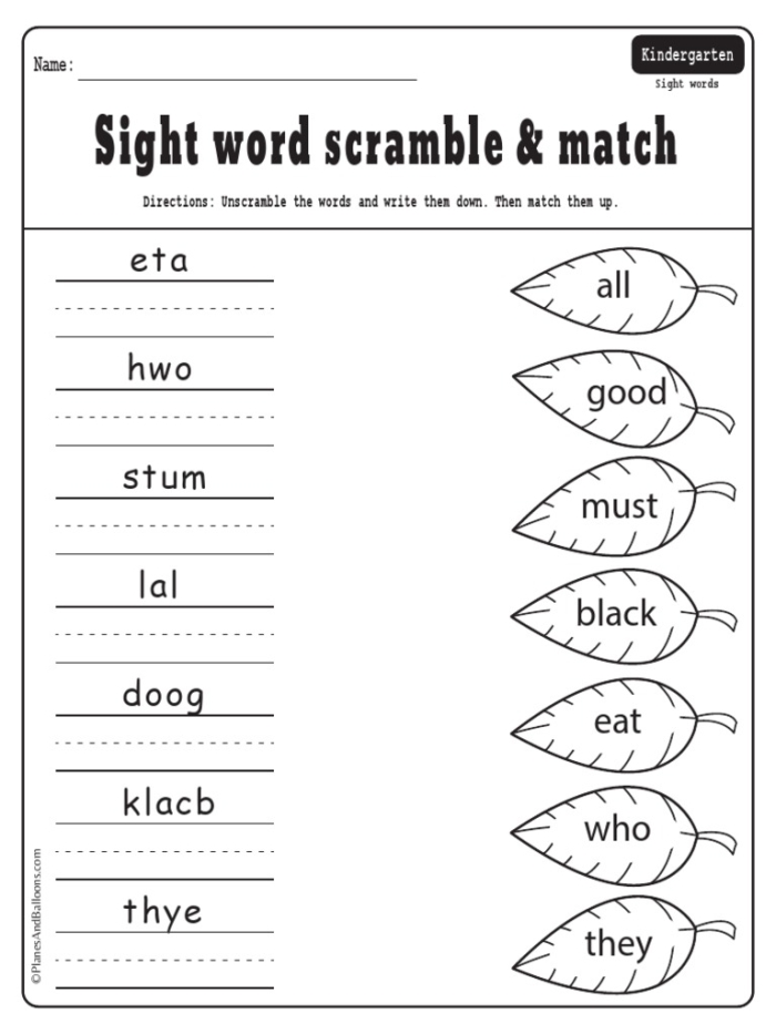 Sight Word Scramble worksheet for kindergarten students to practice sight words. Engaging worksheet to help kindergartners master their sight words.