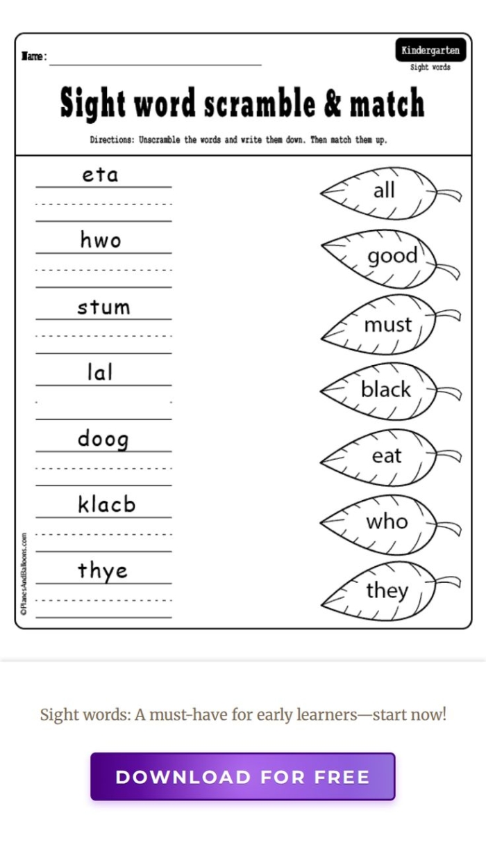 Sight Word Scramble worksheet designed for kindergarten students to enhance their reading skills