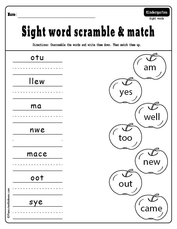 Sight Word Scramble worksheet for kindergarten students to practice reading words in reverse order
