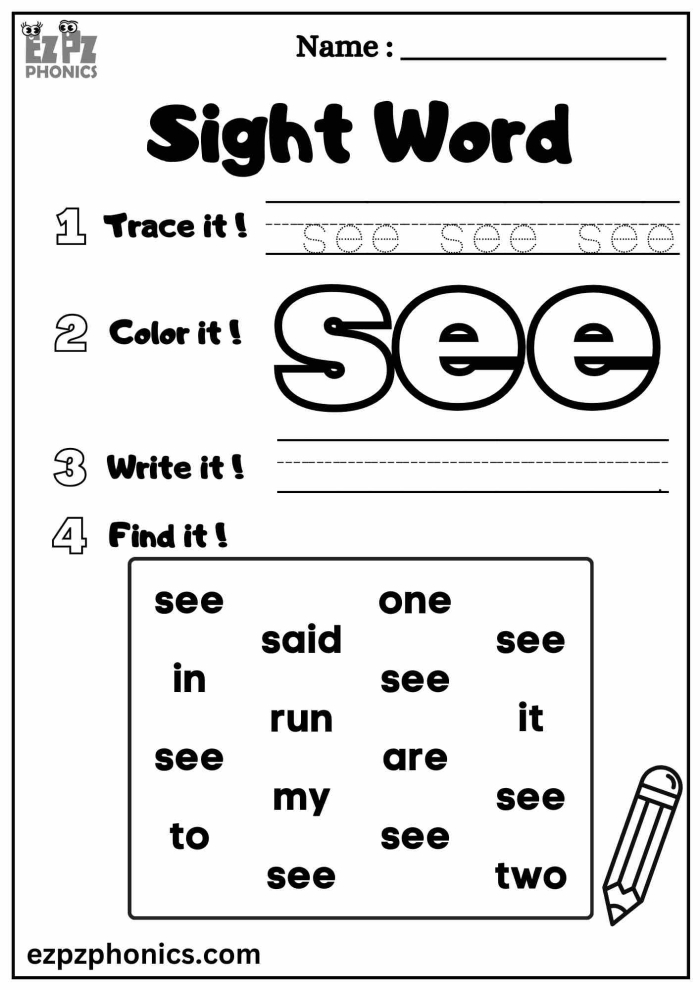 Educational activity featuring the word "see" for young learners to practice spelling Worksheet for tracing and writing the sight word "see" for kindergarten students