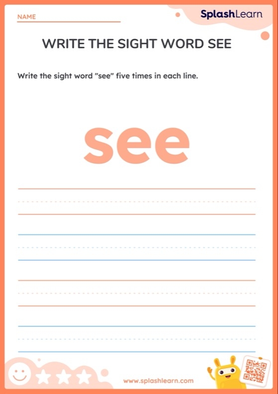 Engaging See Sight Words Activity for Young Learners Worksheet for tracing and writing the sight word "see" for kindergarten students