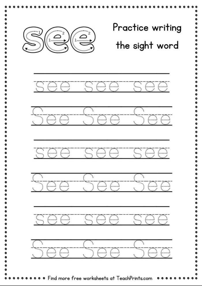 Write the Sight Words See Activity Sheet 15 Kindergarten student worksheet for tracing and writing the sight word see