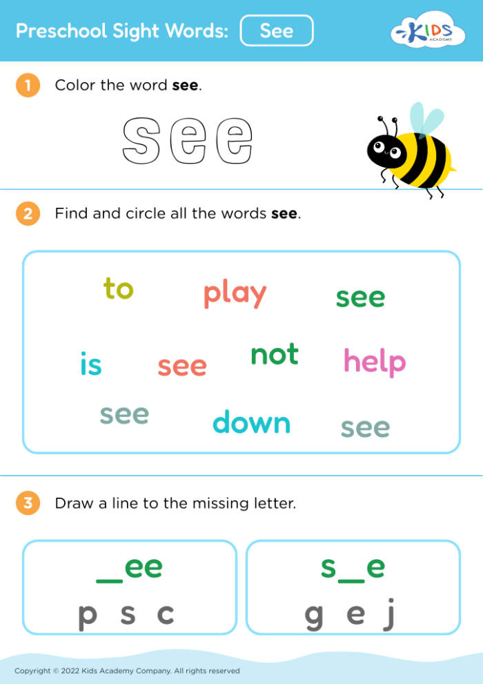 Trace and write sight word see kindergarten worksheet 19 Kindergarten worksheet for practicing sight word writing of the word see