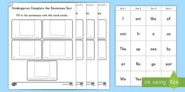 A kindergarten student working on a worksheet to complete sentences with common sight words.