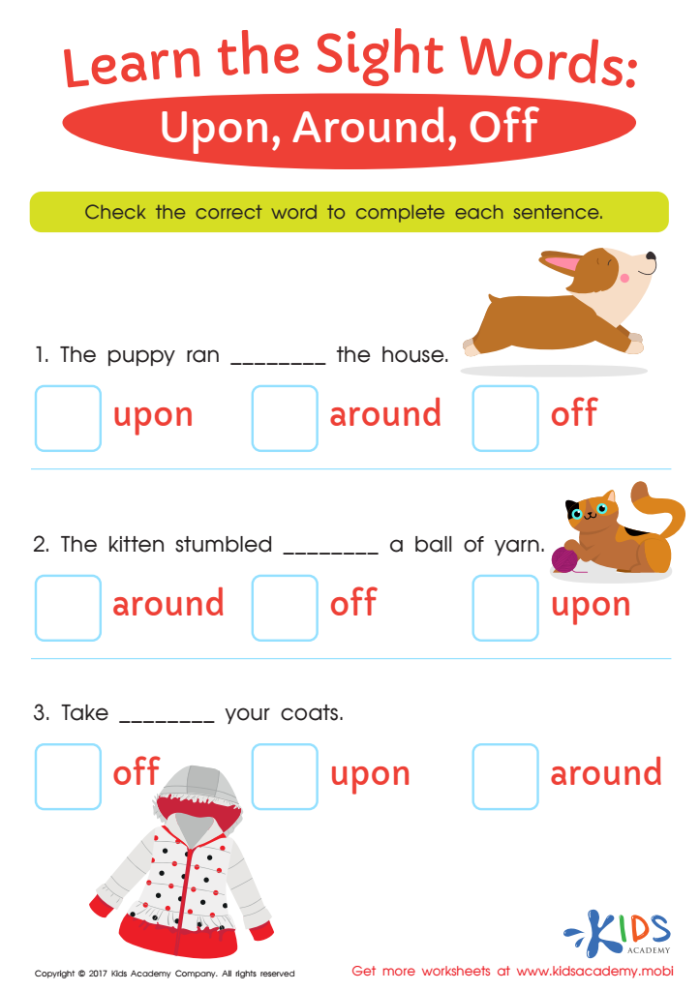 Worksheet featuring common sight words for kindergarten students to complete sentences