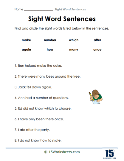 Worksheet featuring common sight words for kindergarten sentence completion