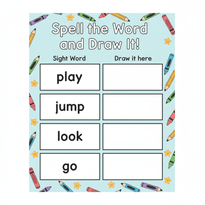 Engaging worksheet for mastering sight word spelling in geometry for young learners Sight Word Spelling worksheet featuring cut-and-paste activities for kindergarten students