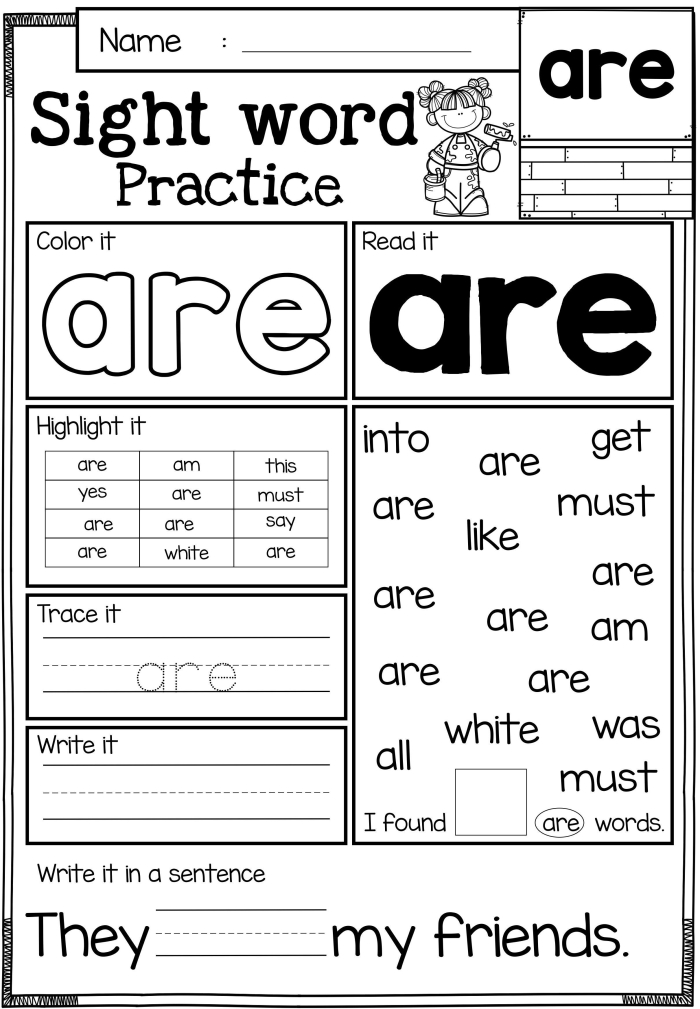 Kindergarten student practicing writing the sight word the on a printable phonics worksheet